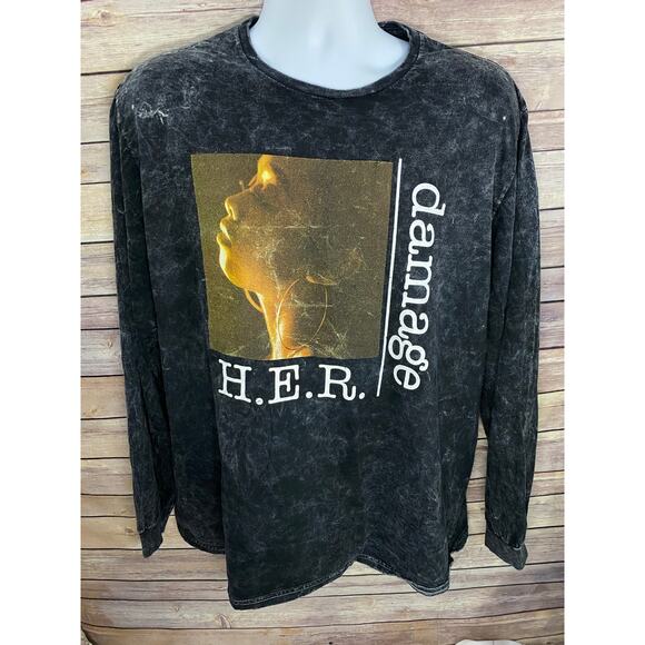 H.E.R. Damage Tour Shirt Long Sleeve Black Graphic Lyrics Print Size XL - Picture 1 of 7